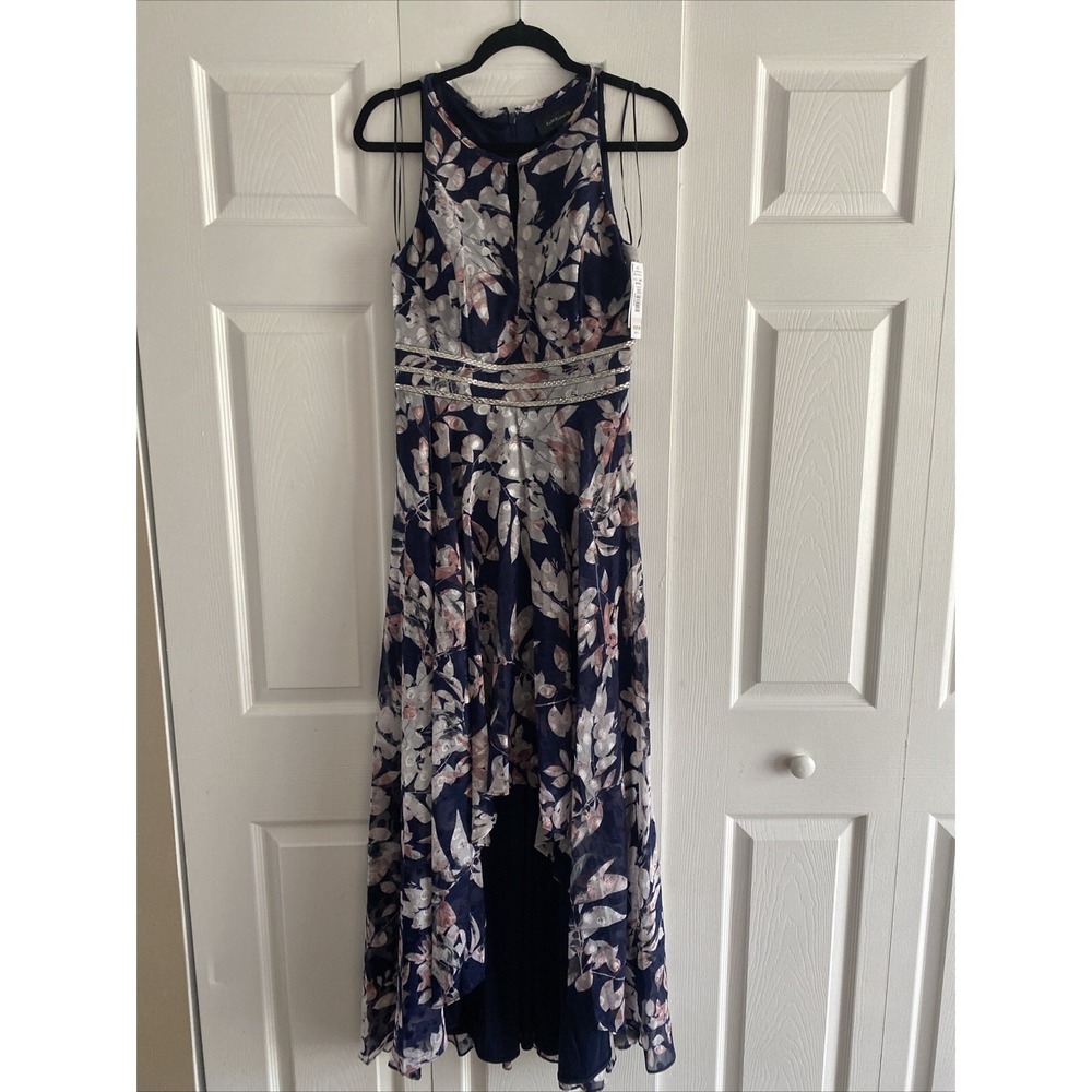 R&M Richards High-Low Floral Gown Womens Size 6 Navy Silver Rhinestone Dress NEW
